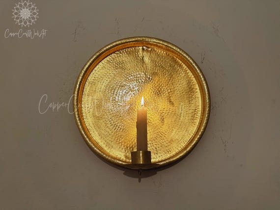blackfriday   Hand-Hammered Brass Wall Candle Sconce –  Candle Holder – Rustic Boho Wall Decor Lighting  - Moroccan Round  Candle Sconces