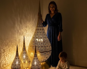 Moroccan Filigree Table Lamp Set | Handcrafted Brass Gold Arabesque Light | Boho Home Decor | Shadow Lamp