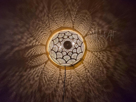 Moroccan Handmade Brass Ceiling Lamp , A Masterpiece with Exquisite Light Engravings , Moroccan Ceiling Lights,Handmade Ceiling Fixture