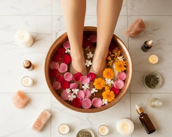May include: A copper-toned metal basin filled with water, red and pink rose petals, and orange marigold flowers. The basin is surrounded by white pillar candles, small amber glass dropper bottles, pink salt rocks, and small bowls of dried herbs.