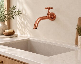 Handmade Wall Mount Brass Faucet, Unlacquered Antique Style Tap, Curved Spout for Bathroom Sink or Kitchen