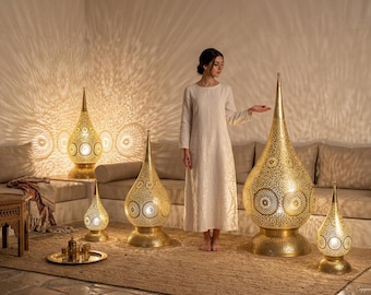 Moroccan Filigree Table Lamp Set | Handcrafted Brass Gold Arabesque Light | Boho Home Decor | Shadow Lamp , Teardrop Lamp, Moroccan Lighting