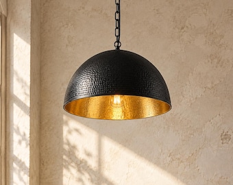 Black Hammered Dome Pendant Light, Gold Interior, Handmade Moroccan Kitchen Island Lamp, Rustic Dining Room Ceiling Lighting