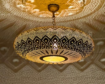 Handcrafted Moroccan Copper Chandelier – Bohemian Brass Pendant Light with Engraved Design – 5 Color Options – Intricate Ceiling Lighting