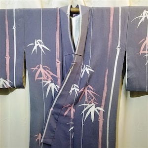 Vintage Japanese Kimono Silk Womans Kimono Authentic Rozome Roketsuzome Batik - Brushstroke Bamboo