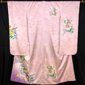 Kimono japonés vintage Furisode, bata formal de manga larga para mujer, color rosa pastel