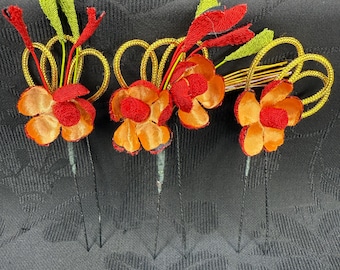 Vintage Japanese Kanzashi Hair Pin Trio 3 Piece Set Kimono Hair Accessories Traditional Hair Ornament - Festival Ember
