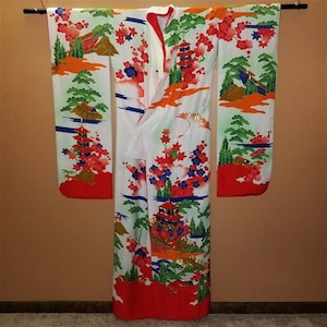 Vintage Japanese Wedding Kimono Kakeshita Formal Bridal Gown- Cranes and Castle