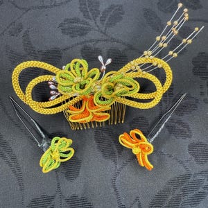 Vintage Kanzashi Comb Japanese Kimono Hair Accessories Traditional Hair Ornaments Flower Floral - Three Piece