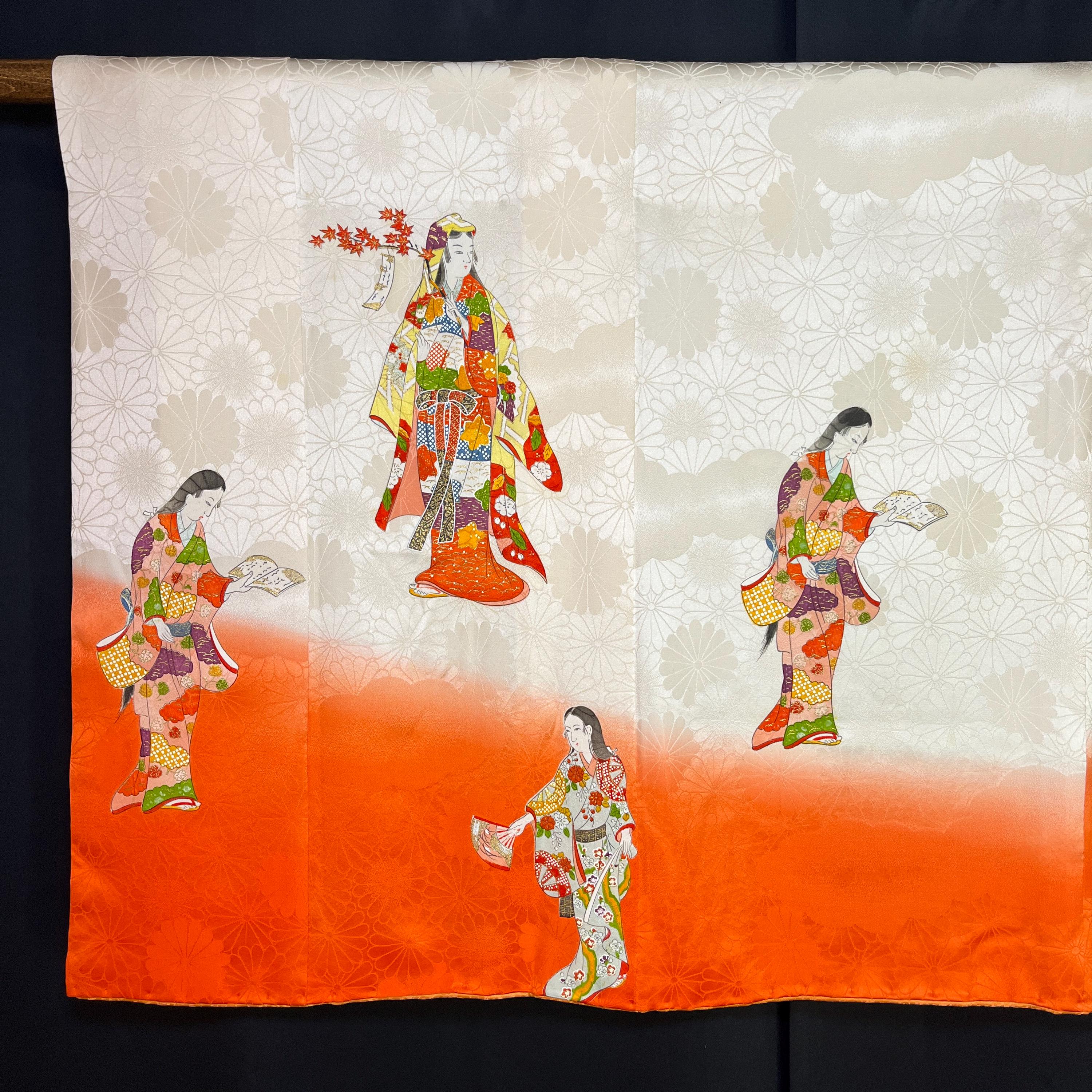 Tenture Murale Japonaise Ancienne – Tigre Et Dragon Sur Tissu Kimono Kabuki (soie Grise)