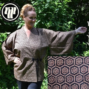 Dochugi Vintage Japanische Frau&#39;s Kimono XL Jacke - Faux Shibori Grid