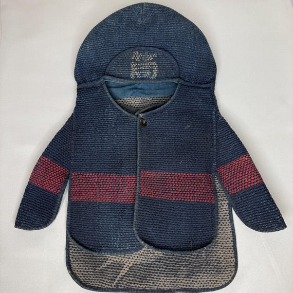 アンティークの日本製消防士のフード帽子 火消しずきん 藍色 本物の