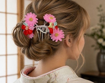 Vintage Japanese Kanzashi Hair Pin Kimono Hair Accessories Traditional Hair Ornament - Pink Jubilee