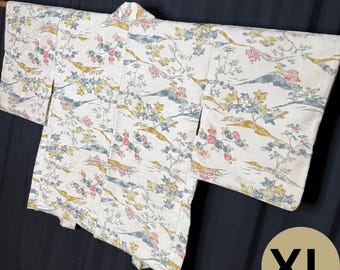 Vintage Japanese XL Oki Haori Jacket Coat Short Kimono Traditional Clothing - Storybook Landscape