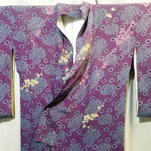 Vintage Japanese Kimono Silk Womans Kimono Authentic Purple Metallic Weave - Ume Silhouette