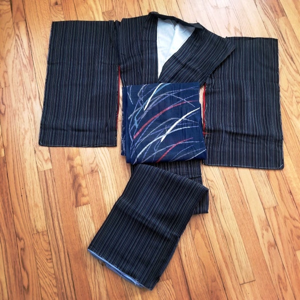 Vintage Japanese Kimono and Obi Set Kimono Combination - Rainbow Threads