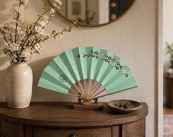 Folding Dance Fan Vintage Japanese Traditional Sensu - Mint Mirage