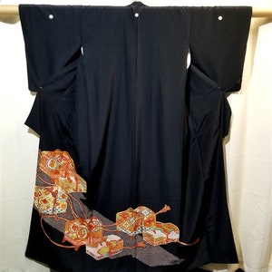 Tomesode Formal Kurosode Kimono Robe Vintage Japanese Woman&#39;s Silk Kimono - Treasure Boxes