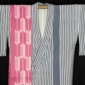 Vintage Japanese Yukata Kimono Robe Woman&#39;s Casual Summer Kimono with Obi Belt Authentic Traditional Clothing - Gray Stripes