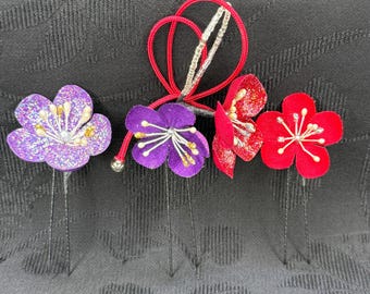 Vintage Japanese Kanzashi Hair Pin Trio 3 Piece Set Kimono Hair Accessories Traditional Hair Ornament - Starlight Plum