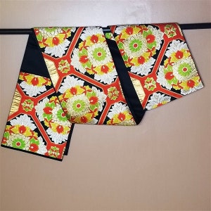 Vintage Japanese Fukuro Obi Silk  Authentic Nishijin Weave - Floral Grid