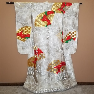 Vintage Japanese Wedding Kimono Uchikake Bridal Gown- Gold Fans