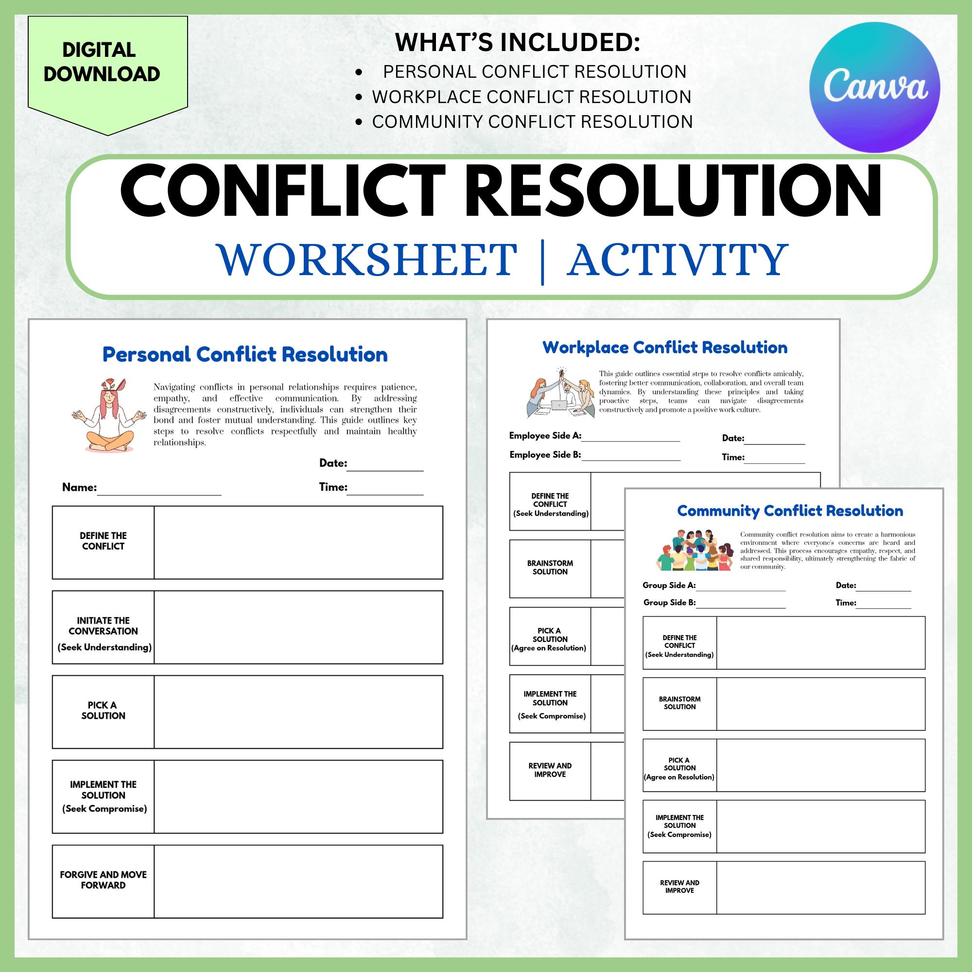 Conflict Worksheet - Etsy Ireland for Free Printable Conflict Resolution Worksheets