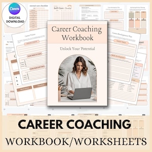 May include: A digital printable career coaching workbook with worksheets. The cover features a woman working on a laptop in front of a green plant. The text on the cover reads "Career Coaching Workbook" and "Unlock Your Potential".