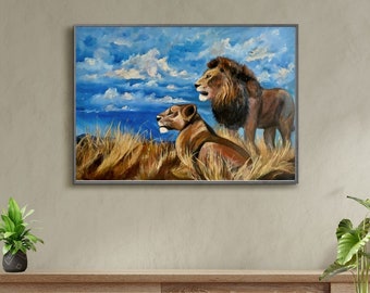 Lion et lionne peinture à l'huile originale sur toile