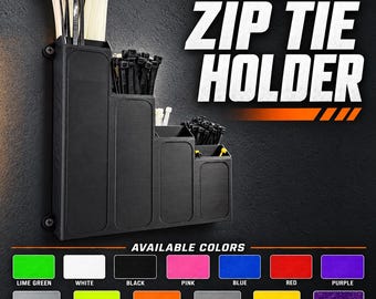 May include: A black wall-mounted zip tie holder with four stepped compartments containing various white and black zip ties. The text WALL MOUNTED ZIP TIE HOLDER is displayed above, with an AVAILABLE COLORS chart showing fourteen color options.