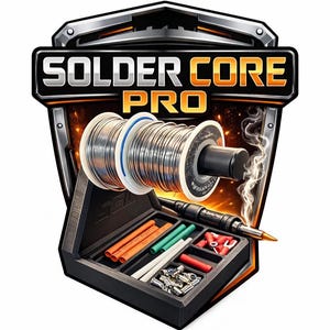 May include: A graphic of a soldering kit with the text "SOLDER CORE PRO". The kit includes a spool of solder wire, a soldering iron, and a black tray with various components, including heat shrink tubing and connectors.