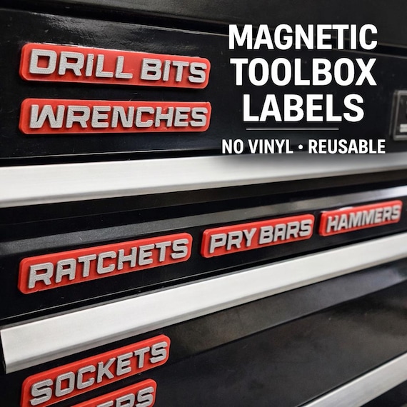 Toolbox Labels | Custom Magnetic Drawer Labels for Toolboxes, Cabinets & Shelving | Personalized 10 Pack