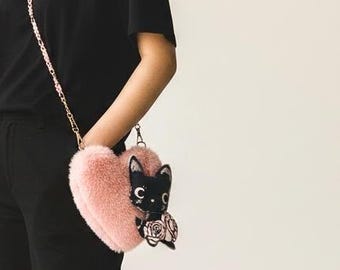 Kawaii Cat Heart shaped Flannelette Coin Purse