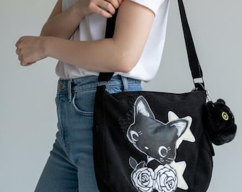 Kawaii Cat black Corduroy Crossbody Bag