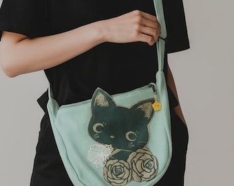 Green Kitty Crossbody Bag: Hand-Screened kawaii School Bag