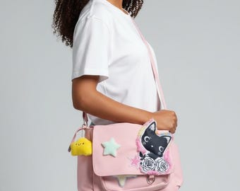 Kawaii Cat Pink Canvas Messenger Bag