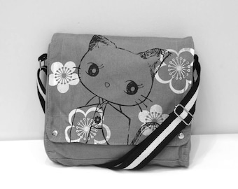Bolso mensajero de lona Kimono Kitty (gris)