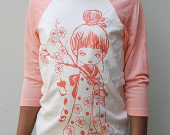 Sale Teen Kawaii Sakura Girl (cherry Blossom) baseball T with peach print