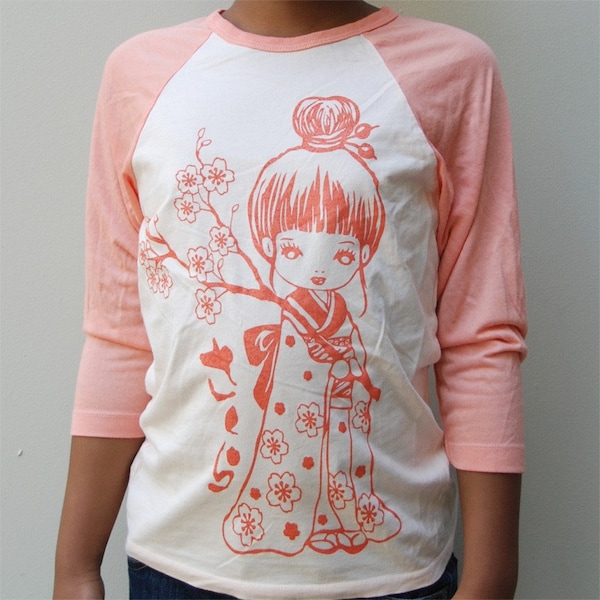 Sale Teen Kawaii Sakura Girl (cherry Blossom) baseball T with peach print