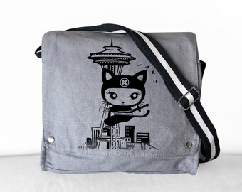 Seattle Kitty Canvas Messenger Bag (Gray)