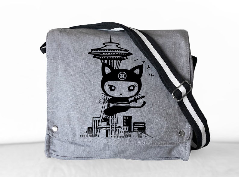 Seattle Kitty Canvas Messenger Bag Gray
