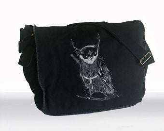 Samurai Owl Canvas Vintage Raw-Edge Messenger bag