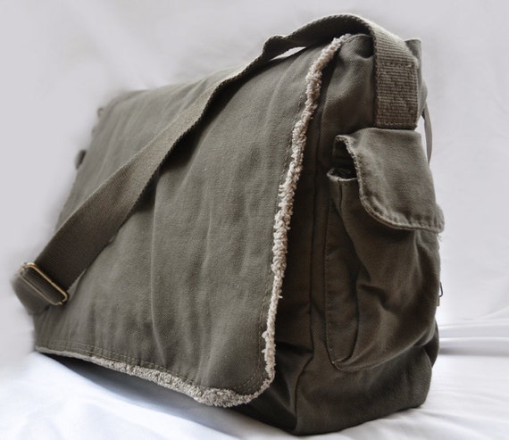 Tenacitee Art Deco Class of 1960 Khaki Green Raw Edge Canvas Messenger Bag Tenacitee Art Deco Class of 1960 Khaki Green Raw Edge Canvas Messenger Bag