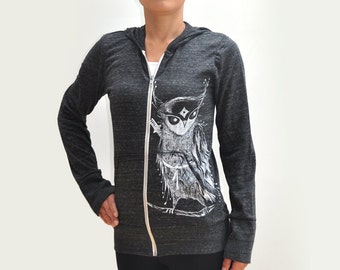 Japanese inspired  Women Samurai Owl Eco Hether Zip Hoodie