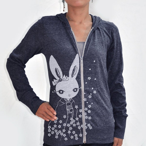 Japanese inspired kawaii Women kimono bunny Eco Hether Zip Hoodie Heather navy blue