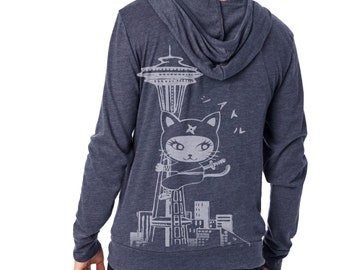 Seattle Ninja Kitty unisex Eco Hether Zip Hoodie