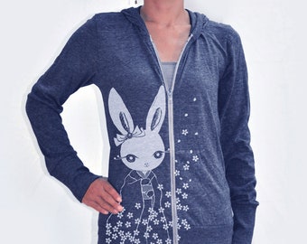 Kawaii Kimono Bunny - Japanese inspired Eco Heather Zip Hoodie Heather navy blue
