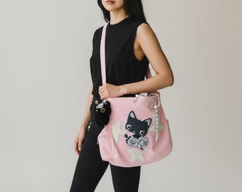 Kawaii Cat Pink Large Corduroy Messenger Bag