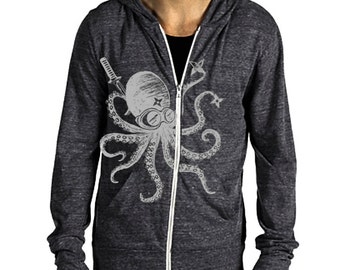 Japanese edgy Unisex Ninja Octopus Eco Hether Zip Hoodie Heather Black