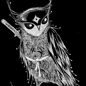 Zentangle Samurai Owl Ladies' Flowy Long-Sleeve Off Shoulder T-Shirt image 3